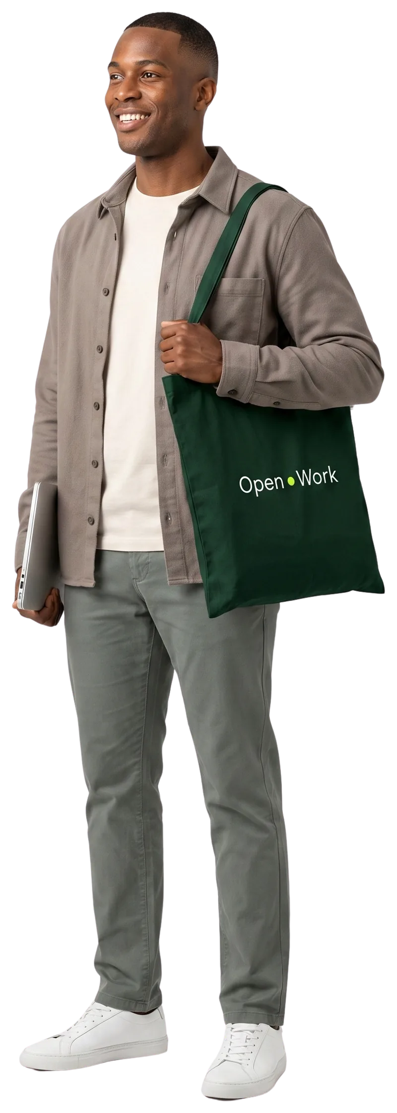 Umbrella company consultant with laptop and OpenWork tote bag